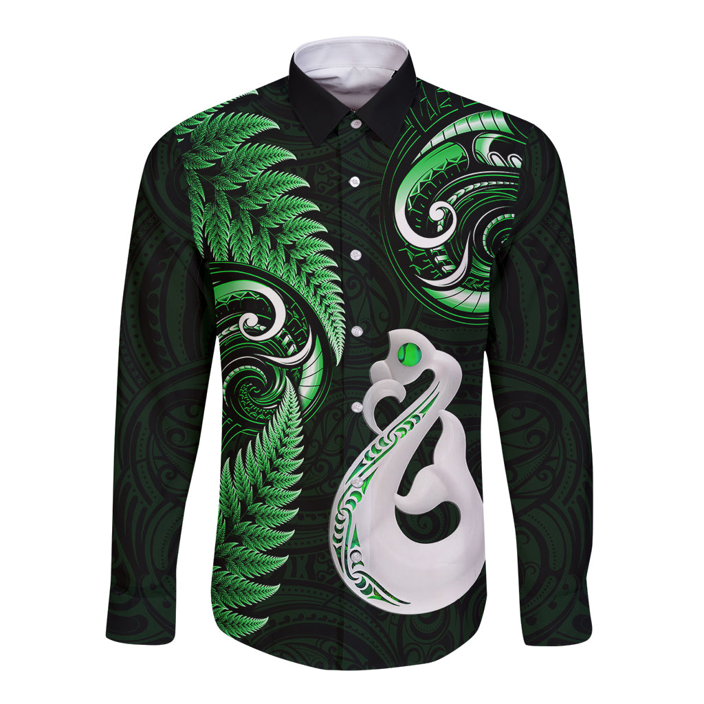 Personalised New Zealand Long Sleeve Button Shirt Aotearoa Silver Fern With Manaia Maori Unique Green - Wonder Print Shop