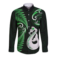 Personalised New Zealand Long Sleeve Button Shirt Aotearoa Silver Fern With Manaia Maori Unique Green - Wonder Print Shop