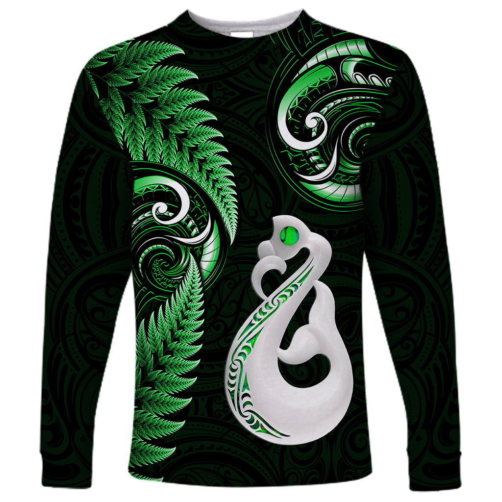 Personalised New Zealand Long Sleeve Shirt Aotearoa Silver Fern With Manaia Maori Unique Green - Wonder Print Shop