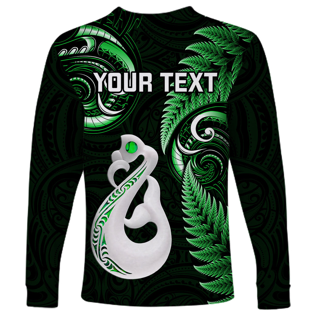 Personalised New Zealand Long Sleeve Shirt Aotearoa Silver Fern With Manaia Maori Unique Green - Wonder Print Shop