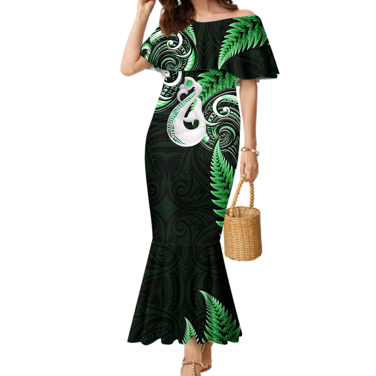 Personalised New Zealand Mermaid Dress Aotearoa Silver Fern With Manaia Maori Unique Green - Wonder Print Shop