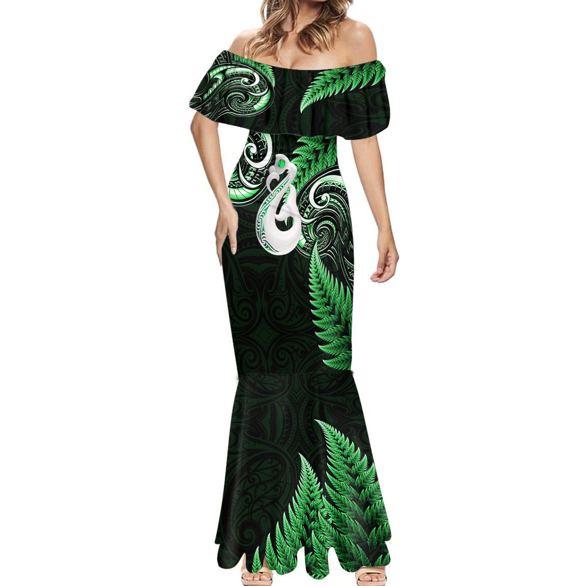 Personalised New Zealand Mermaid Dress Aotearoa Silver Fern With Manaia Maori Unique Green - Wonder Print Shop