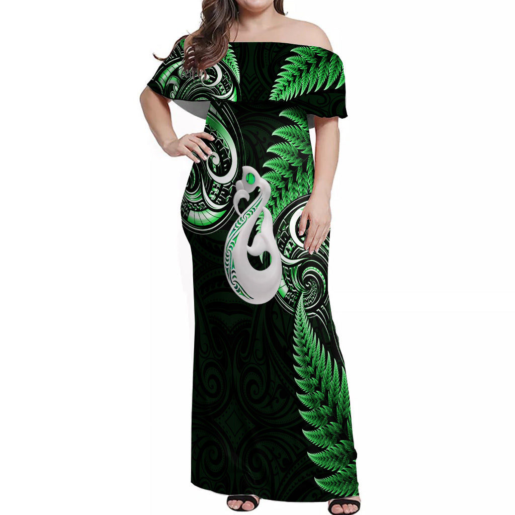 Personalised New Zealand Off Shoulder Maxi Dress Aotearoa Silver Fern With Manaia Maori Unique Green - Wonder Print Shop