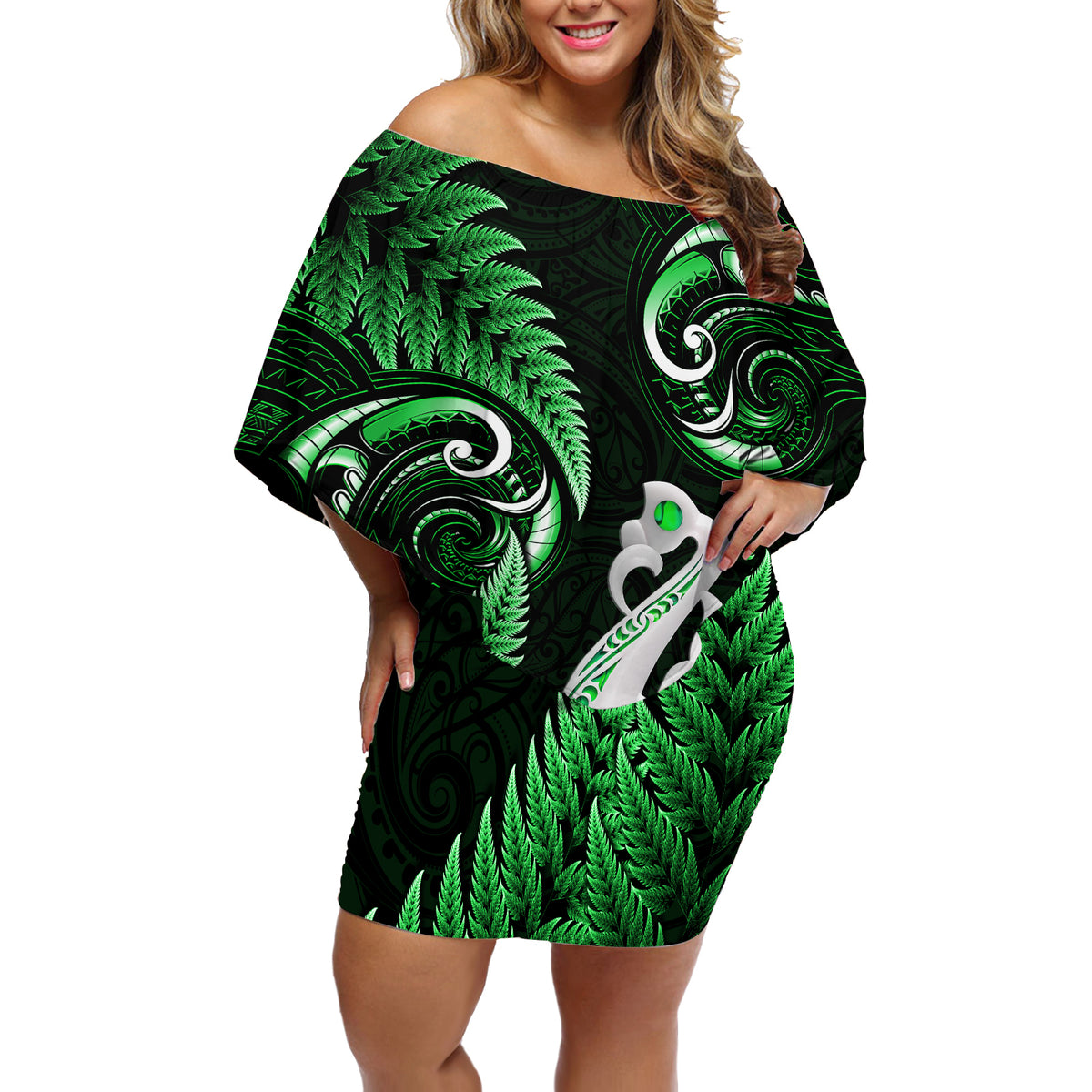 Personalised New Zealand Off Shoulder Short Dress Aotearoa Silver Fern With Manaia Maori Unique Green - Wonder Print Shop