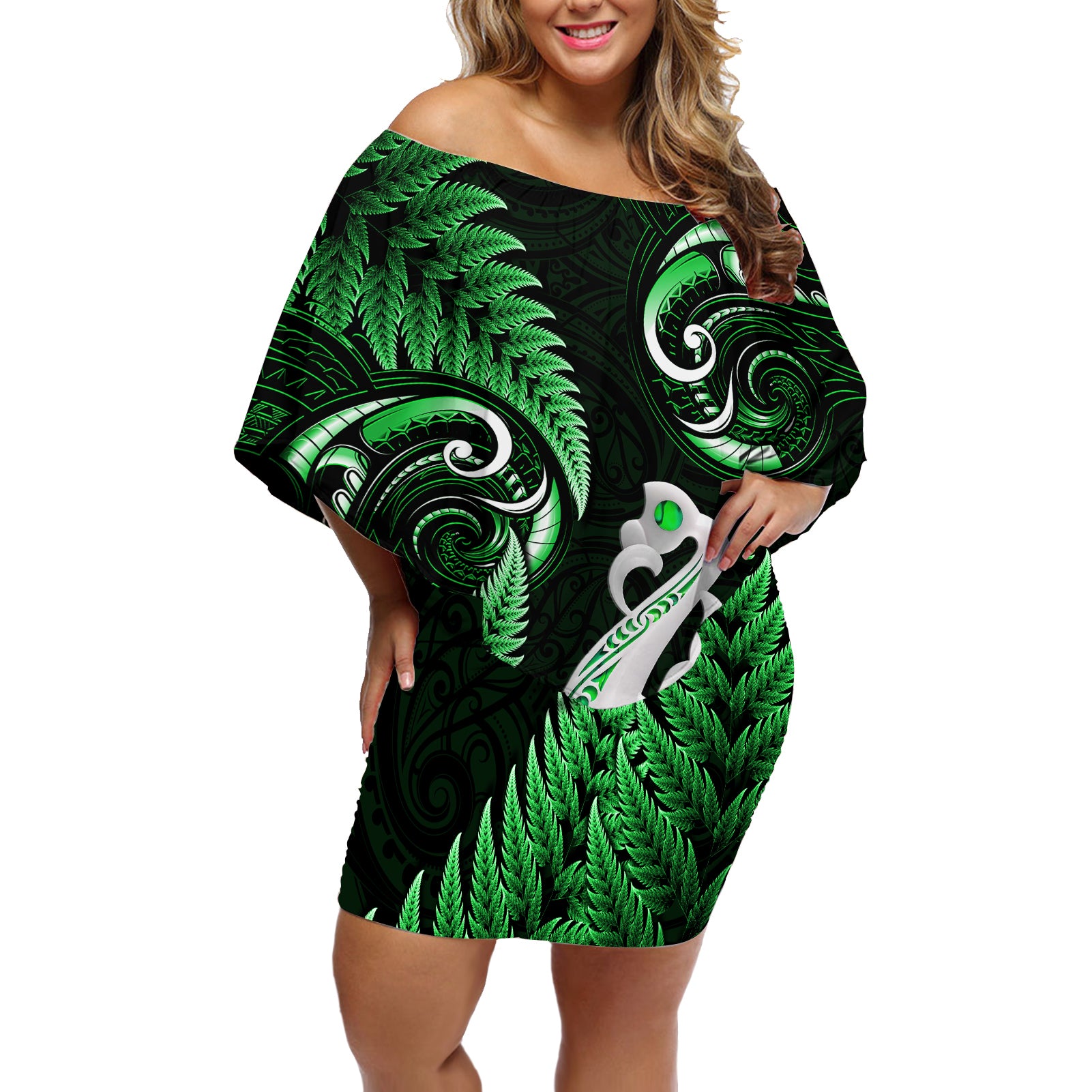Personalised New Zealand Off Shoulder Short Dress Aotearoa Silver Fern With Manaia Maori Unique Green - Wonder Print Shop