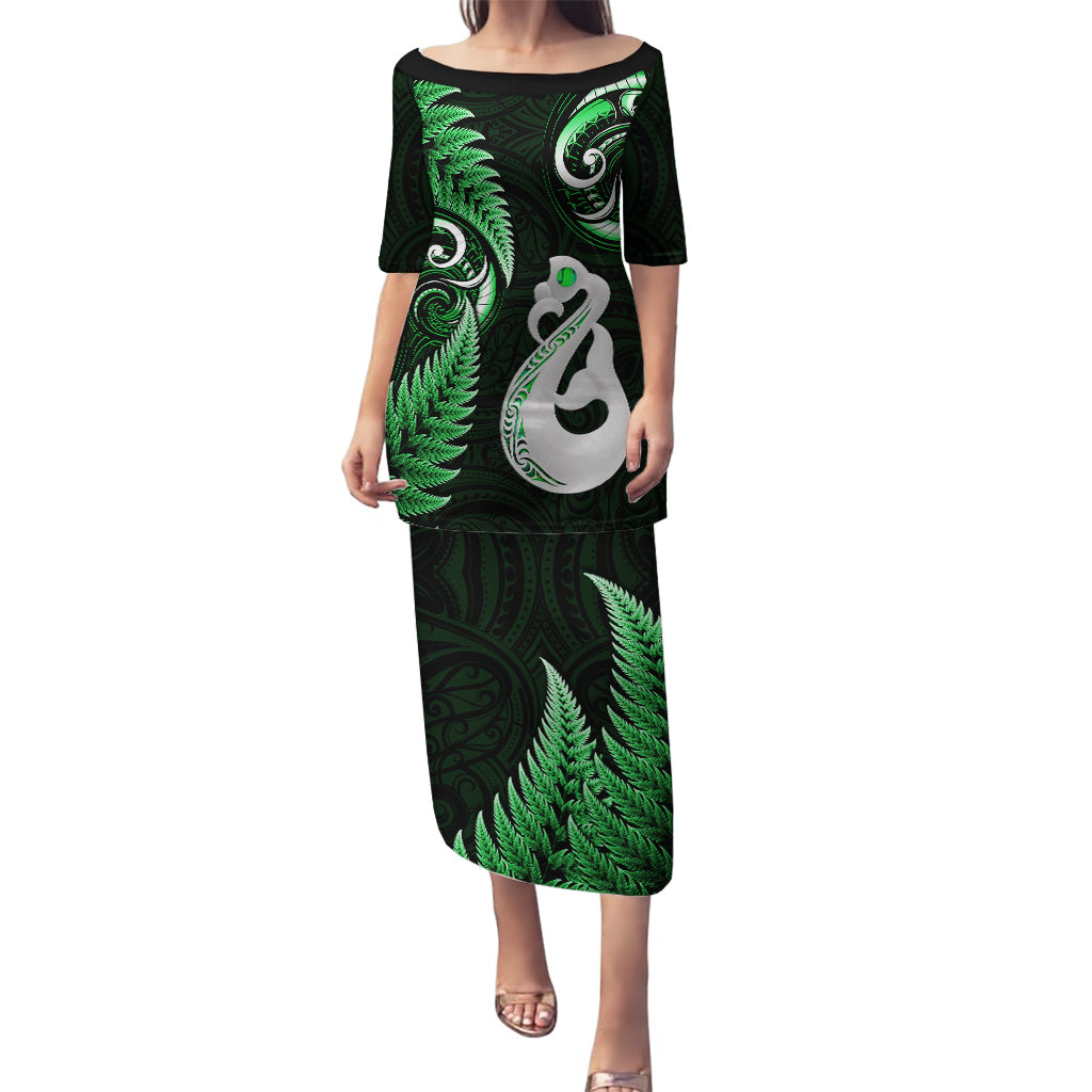 Personalised New Zealand Puletasi Aotearoa Silver Fern With Manaia Maori Unique Green - Wonder Print Shop