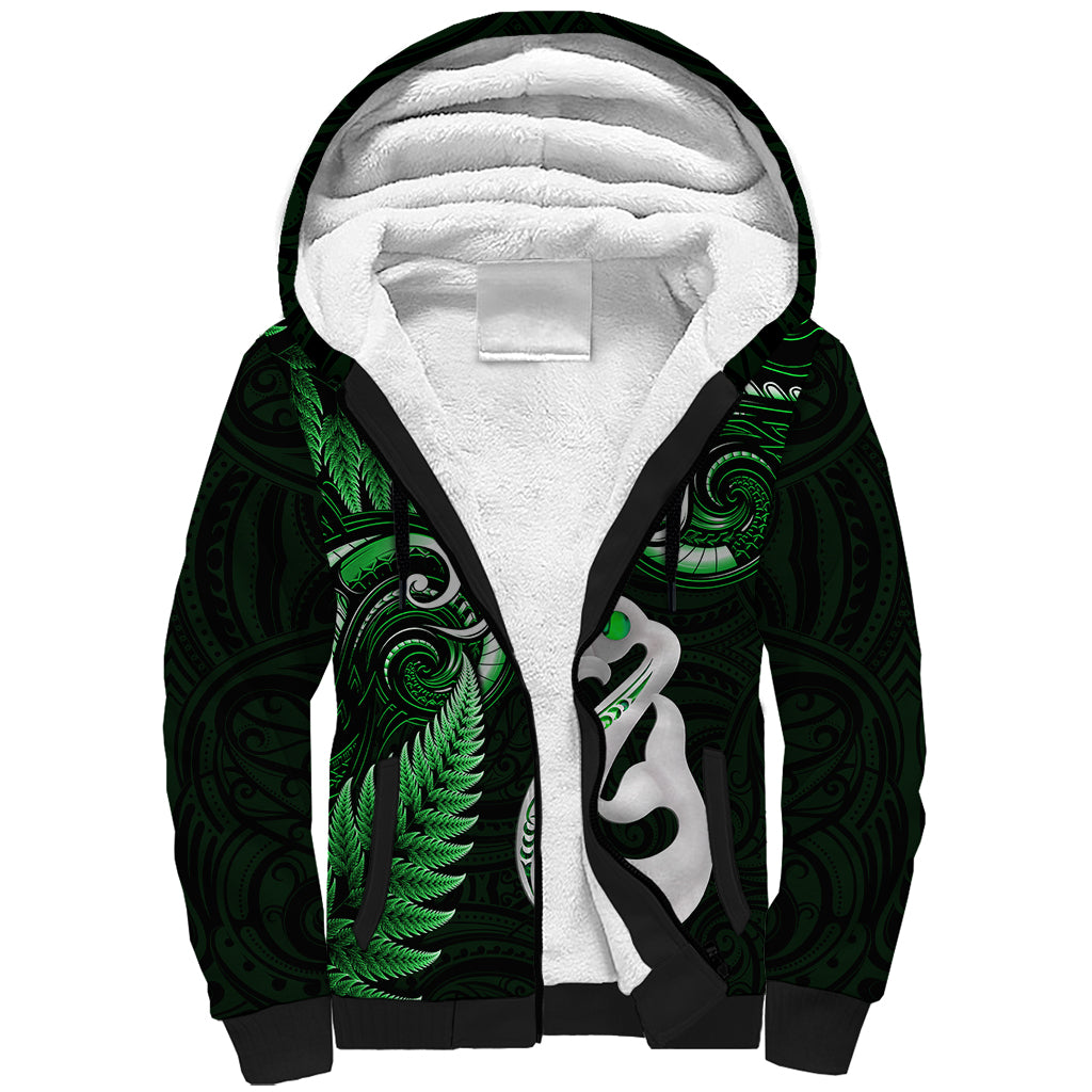Personalised New Zealand Sherpa Hoodie Aotearoa Silver Fern With Manaia Maori Unique Green - Wonder Print Shop