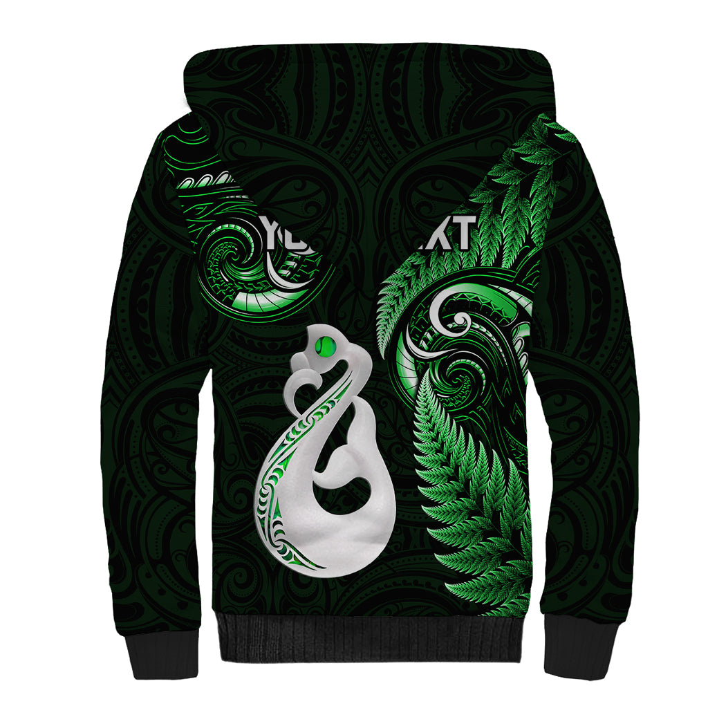 Personalised New Zealand Sherpa Hoodie Aotearoa Silver Fern With Manaia Maori Unique Green - Wonder Print Shop