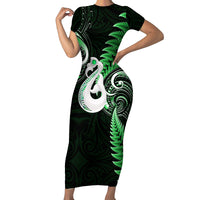 Personalised New Zealand Short Sleeve Bodycon Dress Aotearoa Silver Fern With Manaia Maori Unique Green - Wonder Print Shop