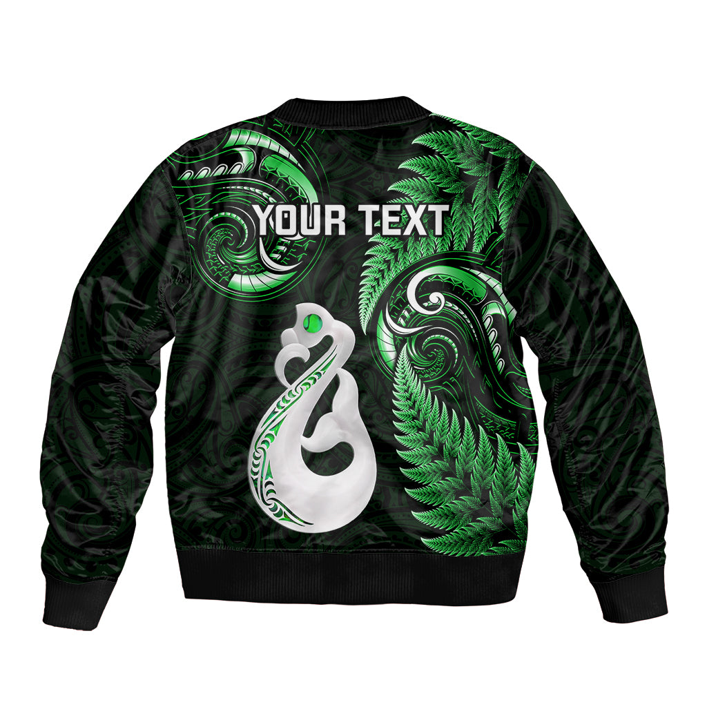 Personalised New Zealand Sleeve Zip Bomber Jacket Aotearoa Silver Fern With Manaia Maori Unique Green - Wonder Print Shop