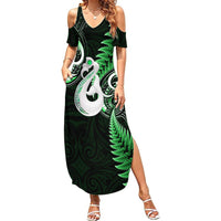 Personalised New Zealand Summer Maxi Dress Aotearoa Silver Fern With Manaia Maori Unique Green - Wonder Print Shop
