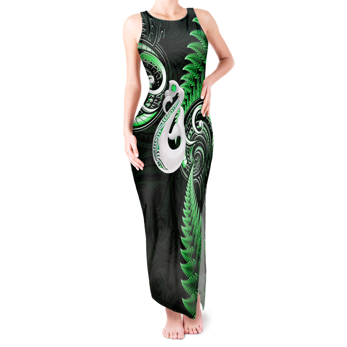 Personalised New Zealand Tank Maxi Dress Aotearoa Silver Fern With Manaia Maori Unique Green - Wonder Print Shop