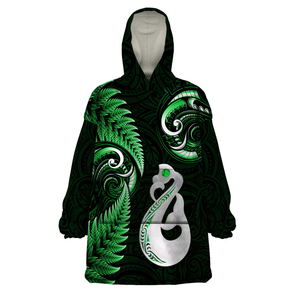 Personalised New Zealand Wearable Blanket Hoodie Aotearoa Silver Fern With Manaia Maori Unique Green - Wonder Print Shop