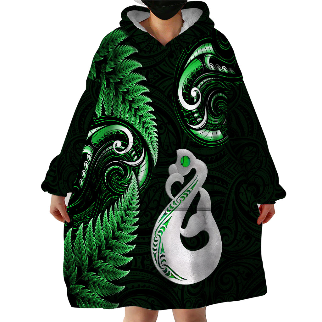 Personalised New Zealand Wearable Blanket Hoodie Aotearoa Silver Fern With Manaia Maori Unique Green - Wonder Print Shop