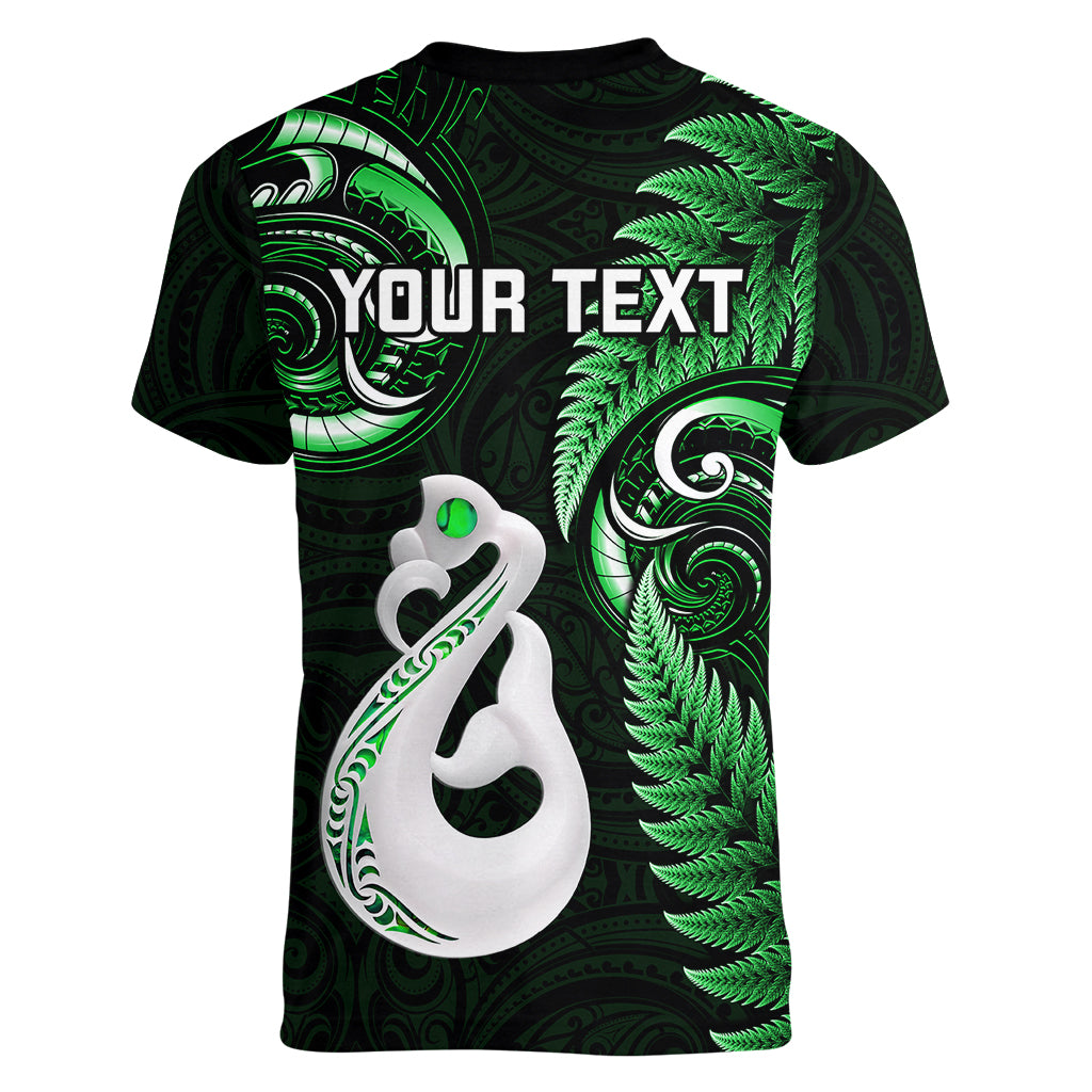 Personalised New Zealand Women V Neck T Shirt Aotearoa Silver Fern With Manaia Maori Unique Green - Wonder Print Shop