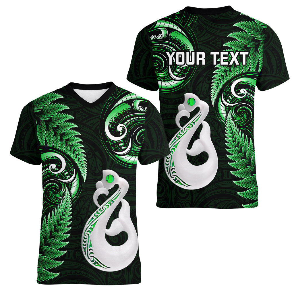 Personalised New Zealand Women V Neck T Shirt Aotearoa Silver Fern With Manaia Maori Unique Green - Wonder Print Shop