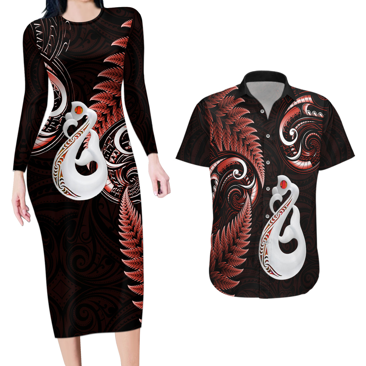 Personalised New Zealand Couples Long Sleeve Bodycon Dress and Hawaiian Shirt Aotearoa Silver Fern With Manaia Maori Unique Red - Wonder Print Shop