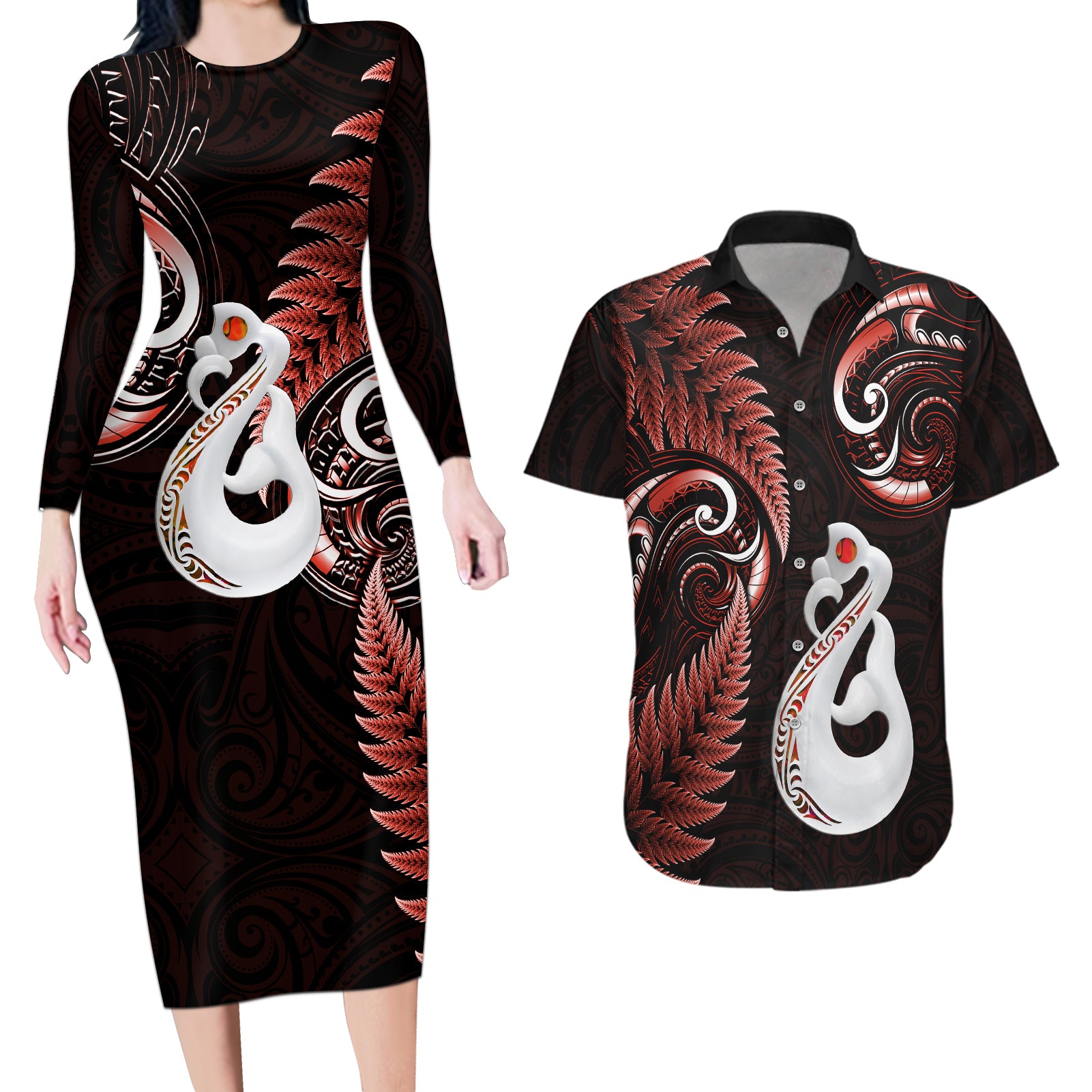 Personalised New Zealand Couples Long Sleeve Bodycon Dress and Hawaiian Shirt Aotearoa Silver Fern With Manaia Maori Unique Red - Wonder Print Shop