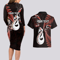 Personalised New Zealand Couples Long Sleeve Bodycon Dress and Hawaiian Shirt Aotearoa Silver Fern With Manaia Maori Unique Red - Wonder Print Shop