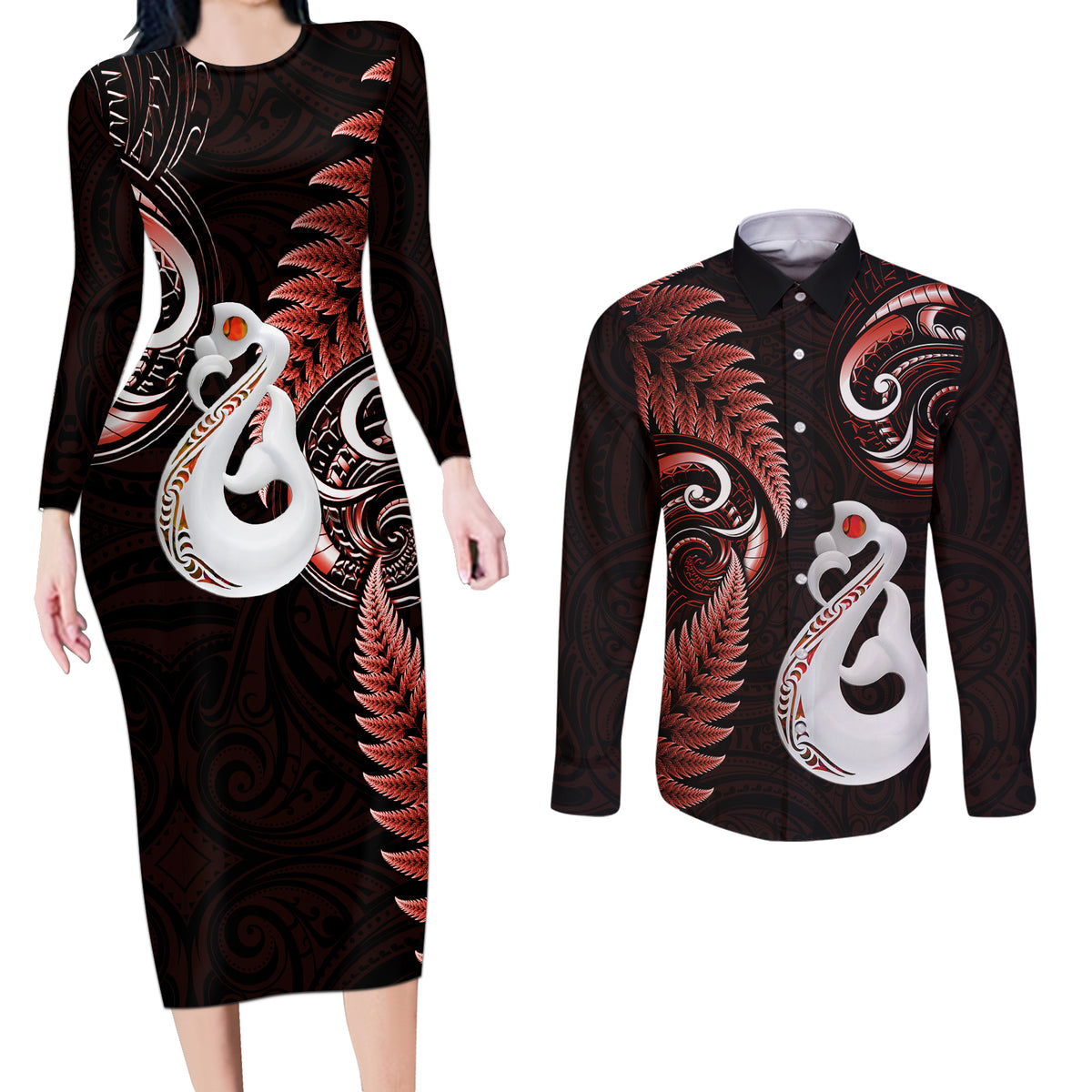Personalised New Zealand Couples Long Sleeve Bodycon Dress and Long Sleeve Button Shirts Aotearoa Silver Fern With Manaia Maori Unique Red - Wonder Print Shop