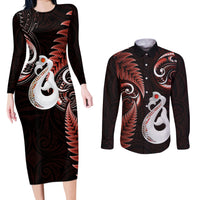 Personalised New Zealand Couples Long Sleeve Bodycon Dress and Long Sleeve Button Shirts Aotearoa Silver Fern With Manaia Maori Unique Red - Wonder Print Shop