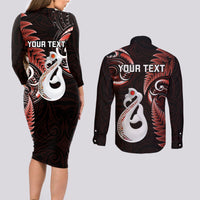 Personalised New Zealand Couples Long Sleeve Bodycon Dress and Long Sleeve Button Shirts Aotearoa Silver Fern With Manaia Maori Unique Red - Wonder Print Shop