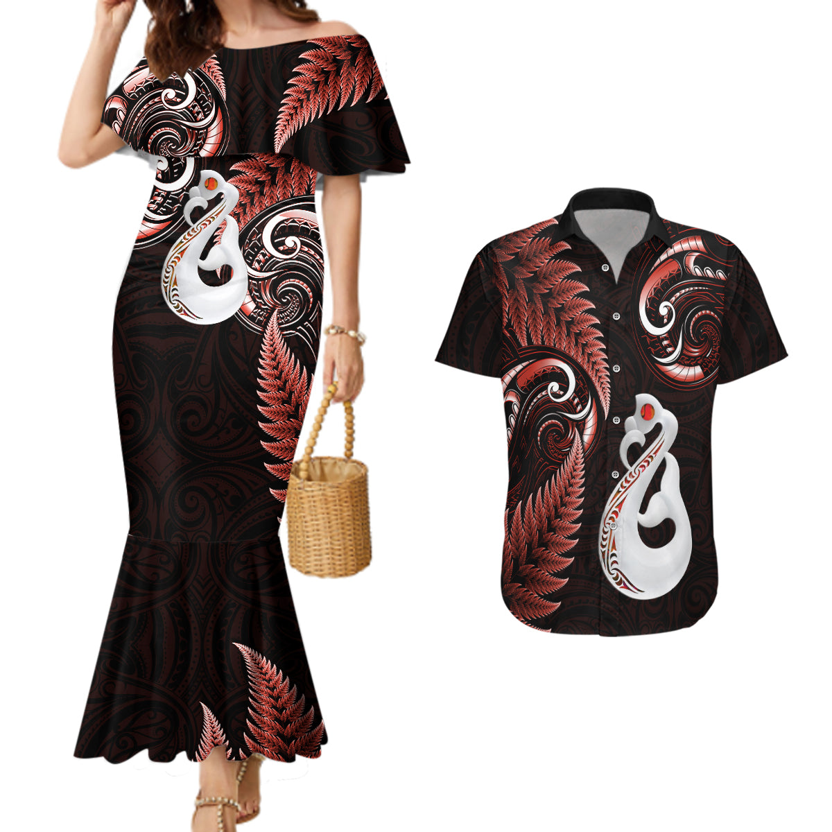 Personalised New Zealand Couples Mermaid Dress And Hawaiian Shirt Aotearoa Silver Fern With Manaia Maori Unique Red - Wonder Print Shop