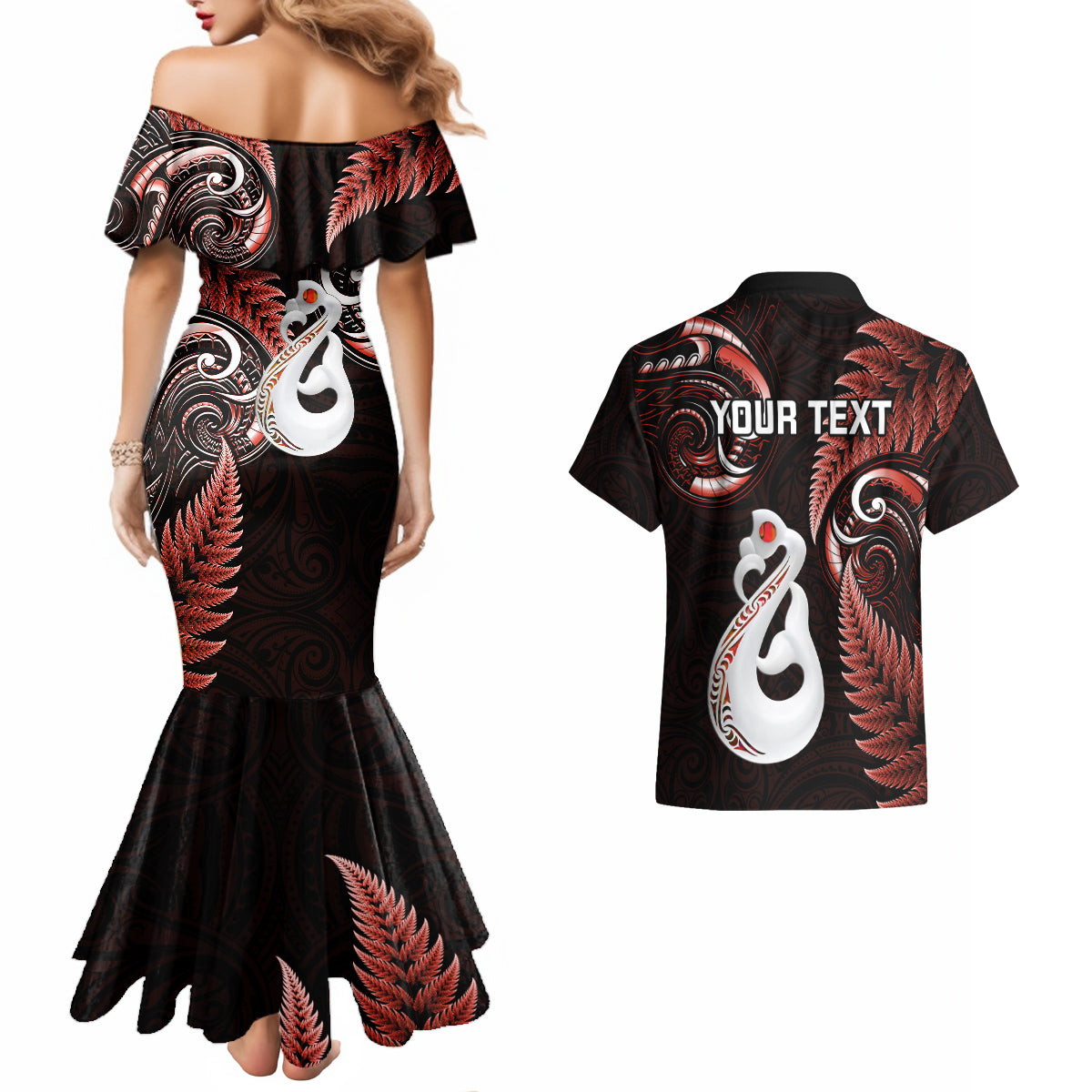 Personalised New Zealand Couples Mermaid Dress And Hawaiian Shirt Aotearoa Silver Fern With Manaia Maori Unique Red - Wonder Print Shop
