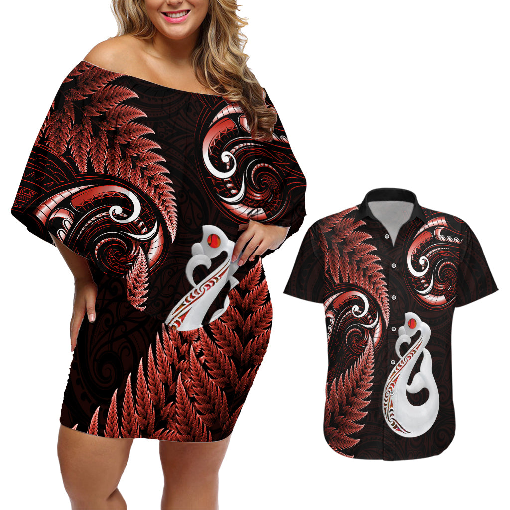 Personalised New Zealand Couples Off Shoulder Short Dress and Hawaiian Shirt Aotearoa Silver Fern With Manaia Maori Unique Red - Wonder Print Shop