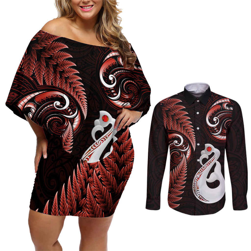 Personalised New Zealand Couples Off Shoulder Short Dress and Long Sleeve Button Shirts Aotearoa Silver Fern With Manaia Maori Unique Red - Wonder Print Shop