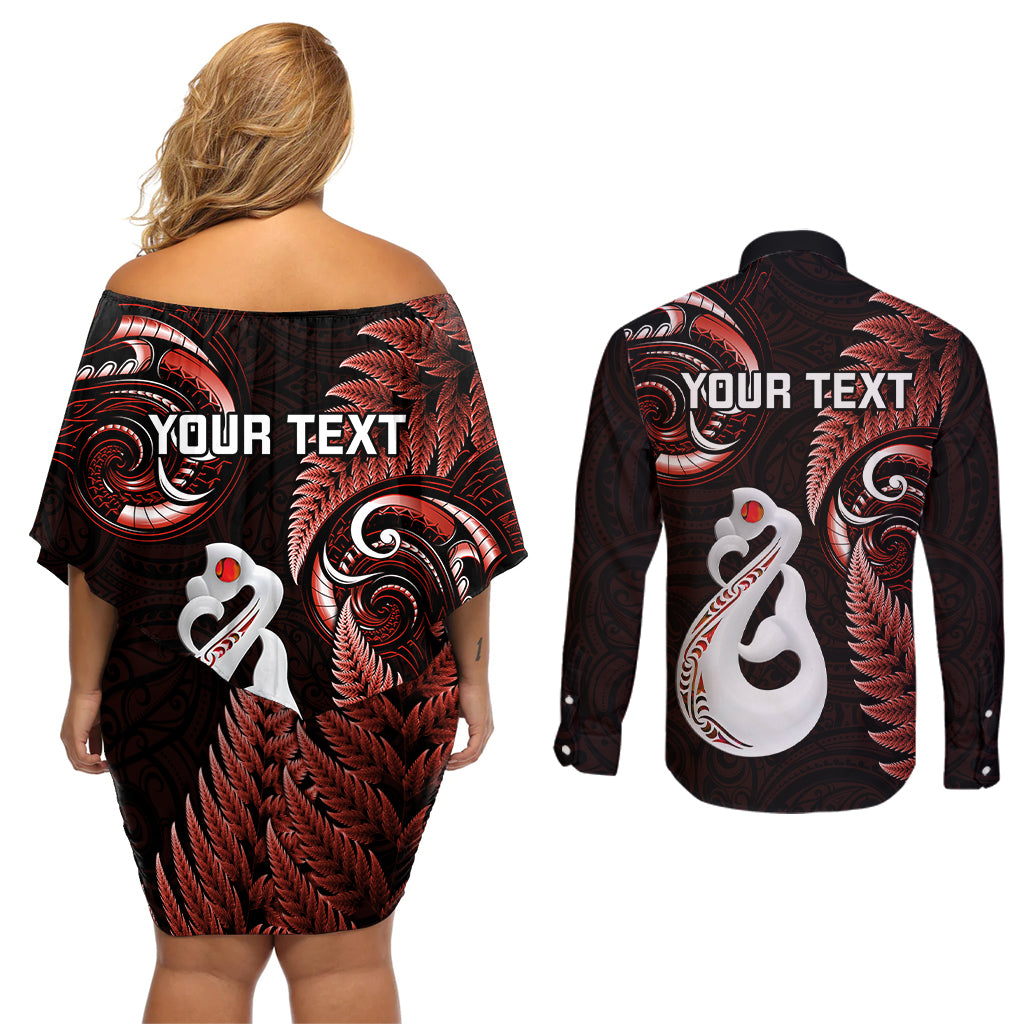 Personalised New Zealand Couples Off Shoulder Short Dress and Long Sleeve Button Shirts Aotearoa Silver Fern With Manaia Maori Unique Red - Wonder Print Shop