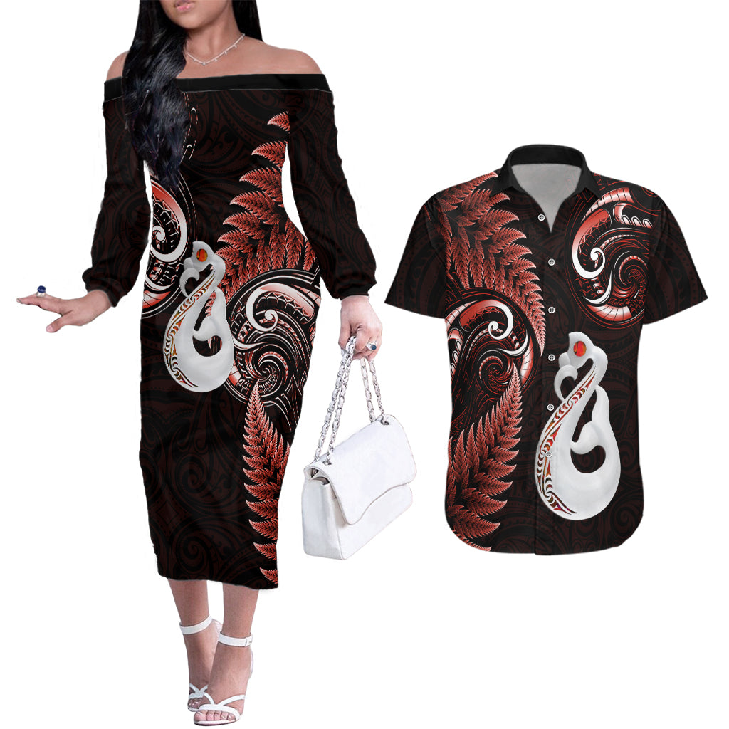 Personalised New Zealand Couples Off The Shoulder Long Sleeve Dress and Hawaiian Shirt Aotearoa Silver Fern With Manaia Maori Unique Red - Wonder Print Shop