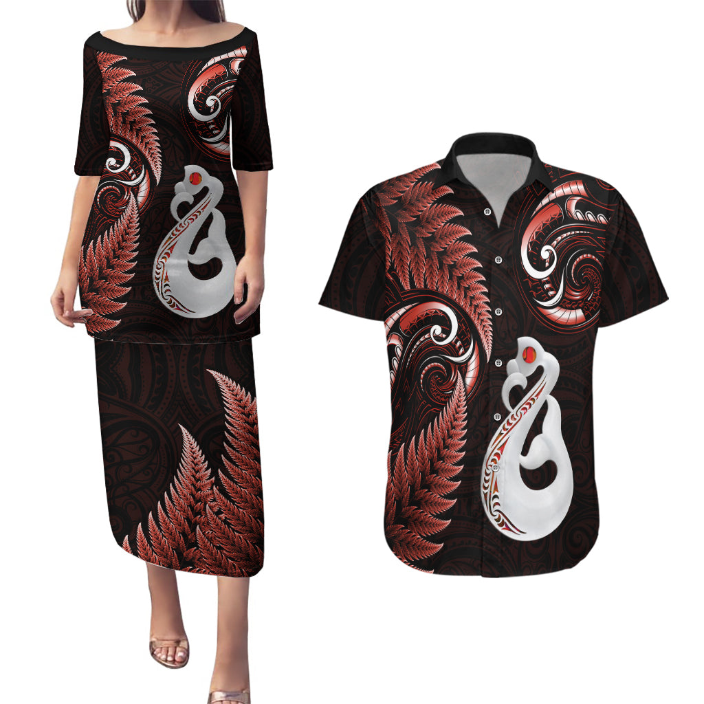 Personalised New Zealand Couples Puletasi Dress and Hawaiian Shirt Aotearoa Silver Fern With Manaia Maori Unique Red - Wonder Print Shop