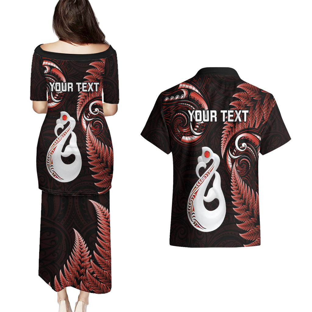 Personalised New Zealand Couples Puletasi Dress and Hawaiian Shirt Aotearoa Silver Fern With Manaia Maori Unique Red - Wonder Print Shop