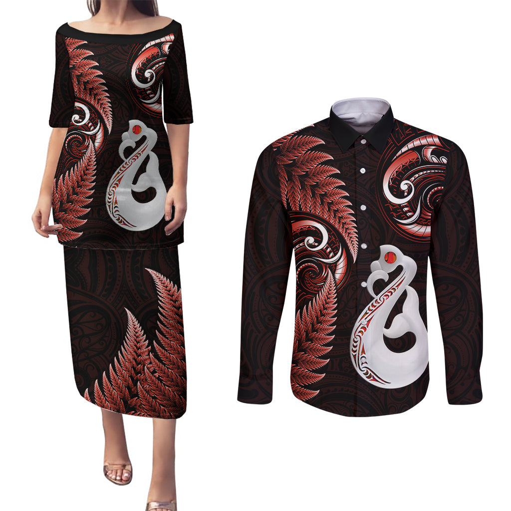 Personalised New Zealand Couples Puletasi Dress and Long Sleeve Button Shirts Aotearoa Silver Fern With Manaia Maori Unique Red - Wonder Print Shop