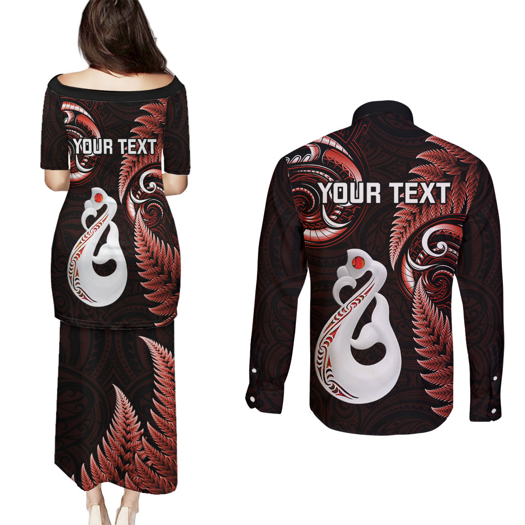Personalised New Zealand Couples Puletasi Dress and Long Sleeve Button Shirts Aotearoa Silver Fern With Manaia Maori Unique Red - Wonder Print Shop