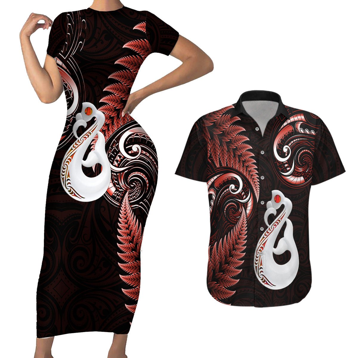 Personalised New Zealand Couples Short Sleeve Bodycon Dress and Hawaiian Shirt Aotearoa Silver Fern With Manaia Maori Unique Red - Wonder Print Shop