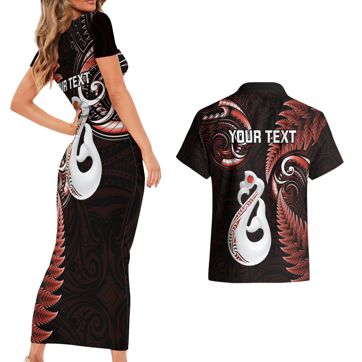 Personalised New Zealand Couples Short Sleeve Bodycon Dress and Hawaiian Shirt Aotearoa Silver Fern With Manaia Maori Unique Red - Wonder Print Shop