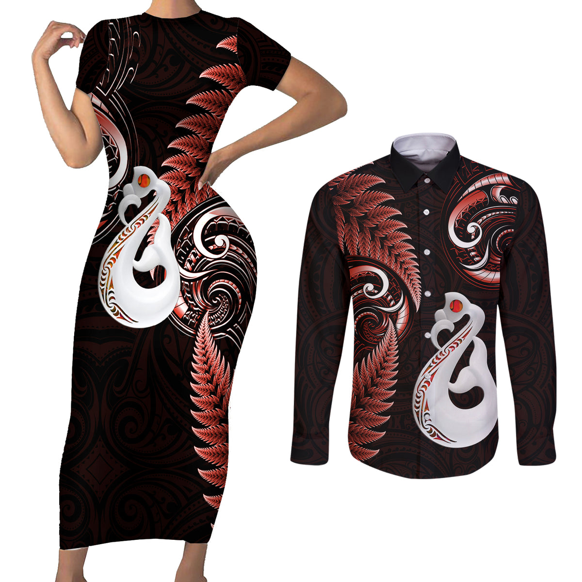 Personalised New Zealand Couples Short Sleeve Bodycon Dress and Long Sleeve Button Shirts Aotearoa Silver Fern With Manaia Maori Unique Red - Wonder Print Shop
