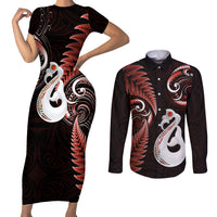 Personalised New Zealand Couples Short Sleeve Bodycon Dress and Long Sleeve Button Shirts Aotearoa Silver Fern With Manaia Maori Unique Red - Wonder Print Shop