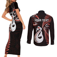 Personalised New Zealand Couples Short Sleeve Bodycon Dress and Long Sleeve Button Shirts Aotearoa Silver Fern With Manaia Maori Unique Red - Wonder Print Shop