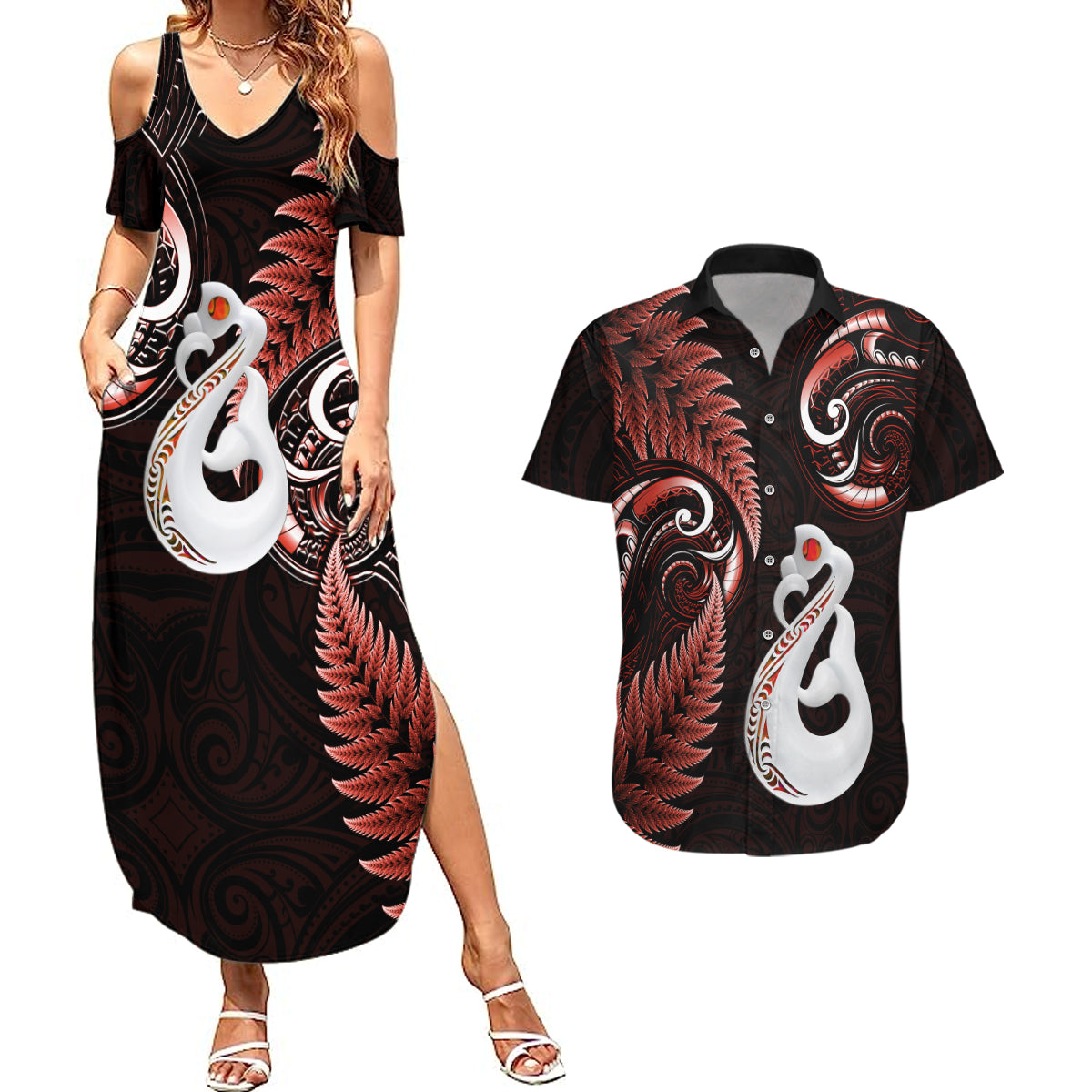 Personalised New Zealand Couples Summer Maxi Dress and Hawaiian Shirt Aotearoa Silver Fern With Manaia Maori Unique Red - Wonder Print Shop