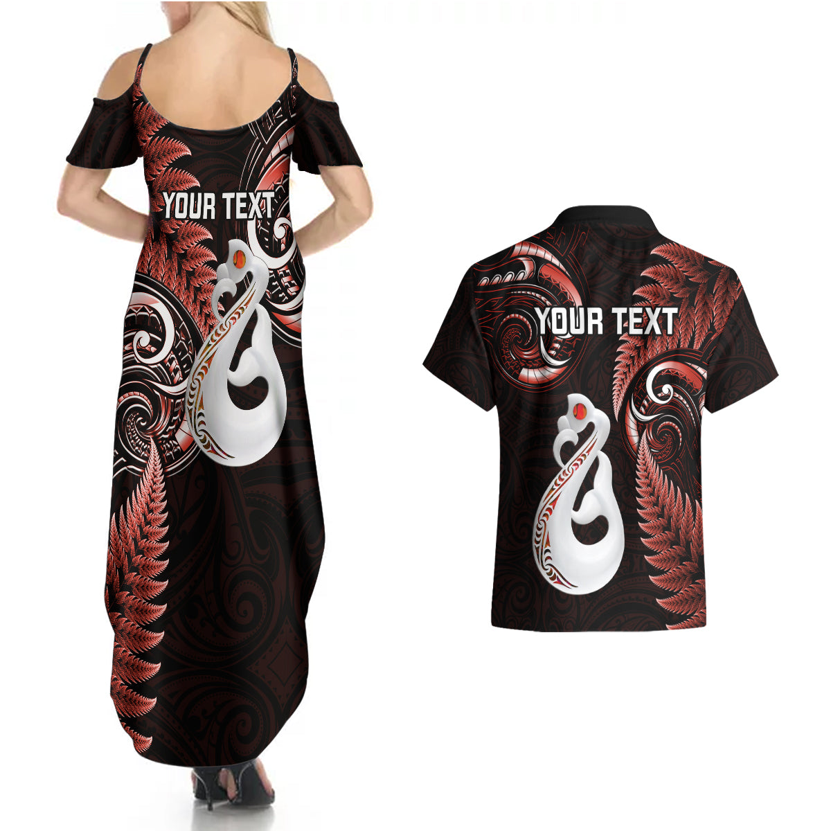 Personalised New Zealand Couples Summer Maxi Dress and Hawaiian Shirt Aotearoa Silver Fern With Manaia Maori Unique Red - Wonder Print Shop