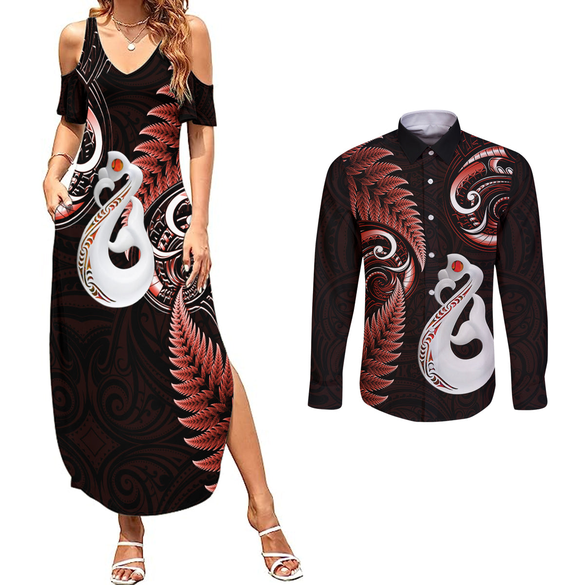 Personalised New Zealand Couples Summer Maxi Dress and Long Sleeve Button Shirts Aotearoa Silver Fern With Manaia Maori Unique Red - Wonder Print Shop