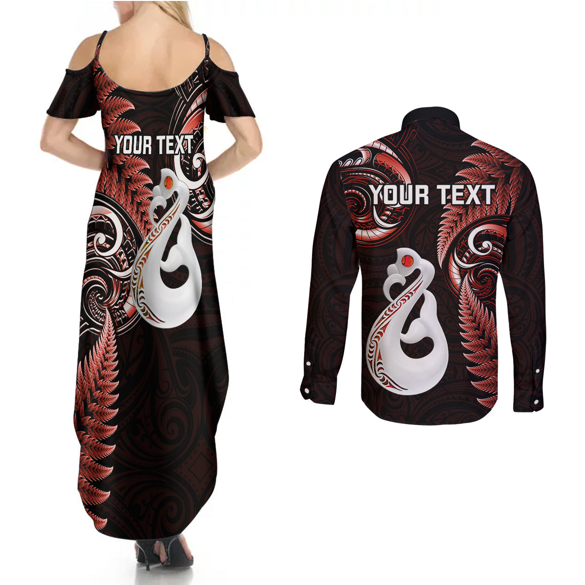 Personalised New Zealand Couples Summer Maxi Dress and Long Sleeve Button Shirts Aotearoa Silver Fern With Manaia Maori Unique Red - Wonder Print Shop