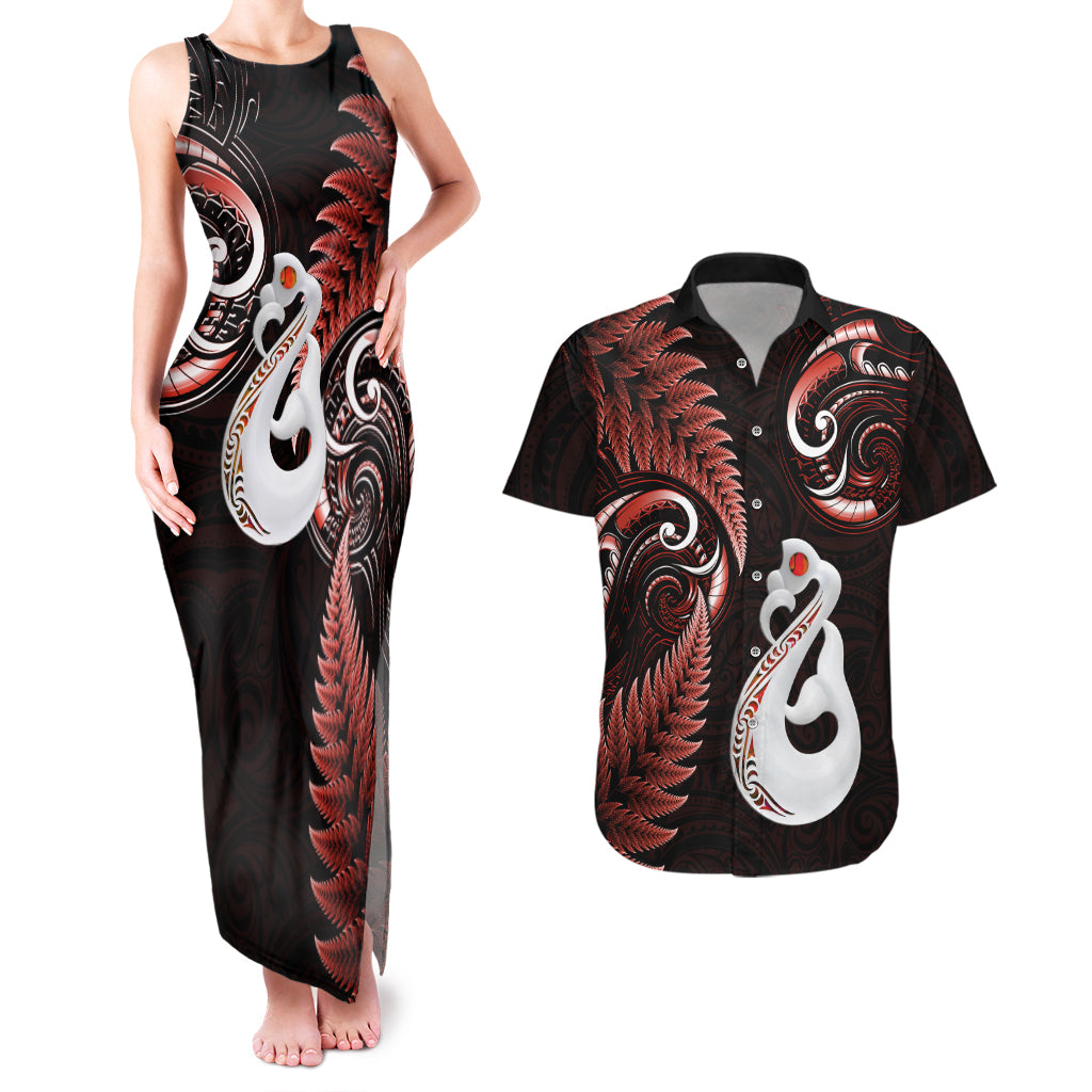 Personalised New Zealand Couples Matching Tank Maxi Dress And Hawaiian Shirt Aotearoa Silver Fern With Manaia Maori Unique Red - Wonder Print Shop