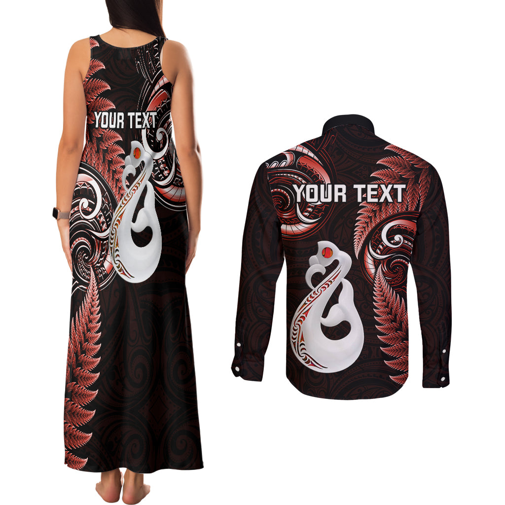 Personalised New Zealand Couples Matching Tank Maxi Dress and Long Sleeve Button Shirts Aotearoa Silver Fern With Manaia Maori Unique Red - Wonder Print Shop