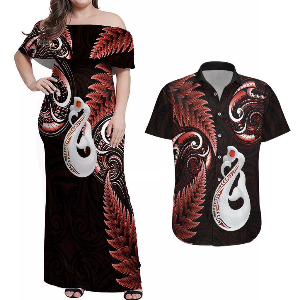 Personalised New Zealand Couples Off Shoulder Maxi Dress and Hawaiian Shirt Aotearoa Silver Fern With Manaia Maori Unique Red - Wonder Print Shop