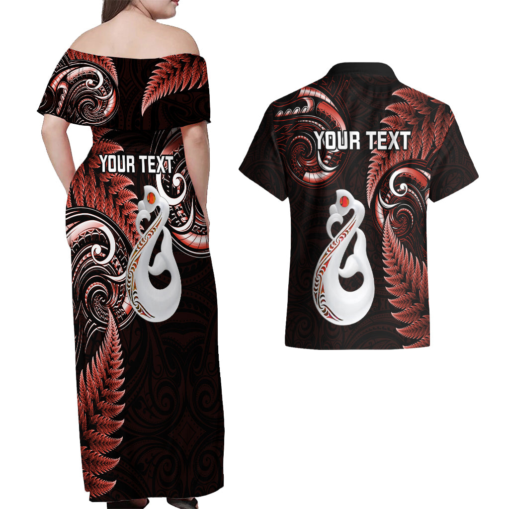Personalised New Zealand Couples Off Shoulder Maxi Dress and Hawaiian Shirt Aotearoa Silver Fern With Manaia Maori Unique Red - Wonder Print Shop