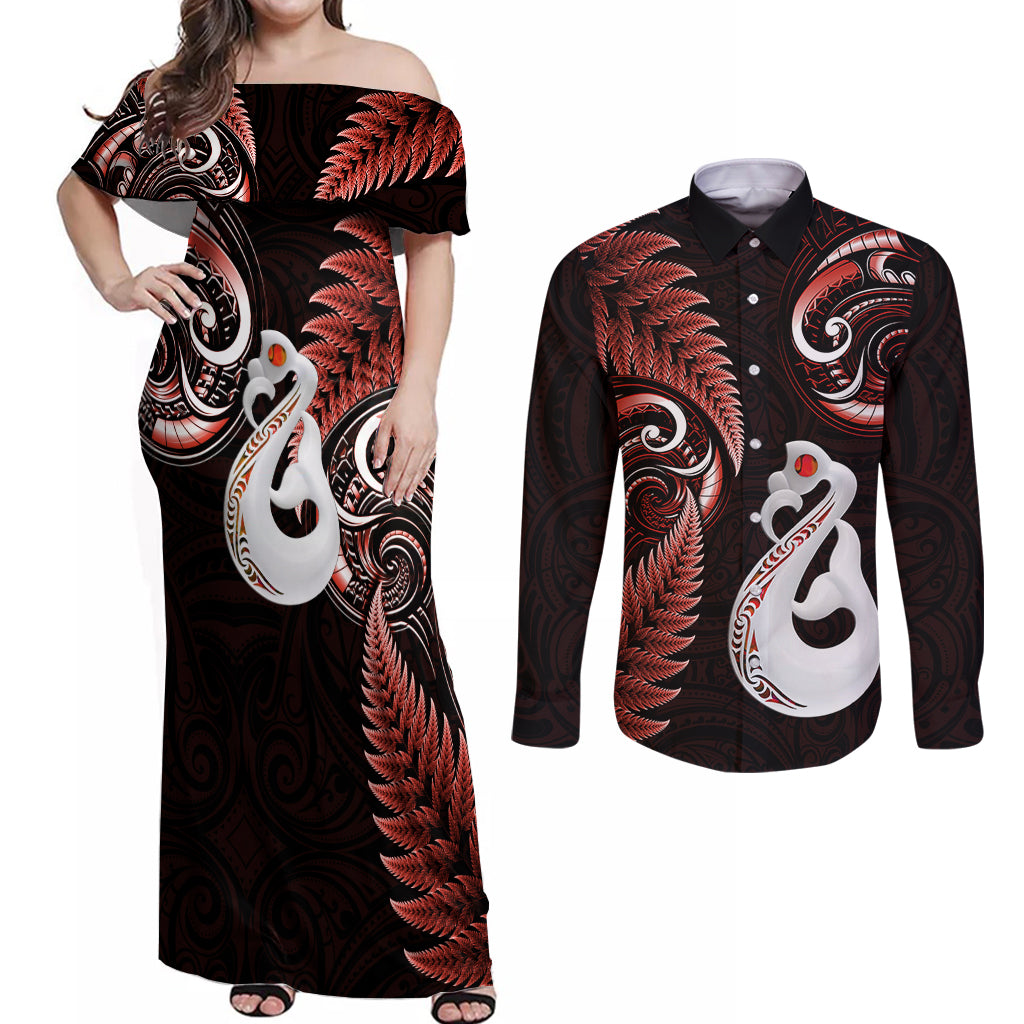 Personalised New Zealand Couples Off Shoulder Maxi Dress and Long Sleeve Button Shirts Aotearoa Silver Fern With Manaia Maori Unique Red - Wonder Print Shop